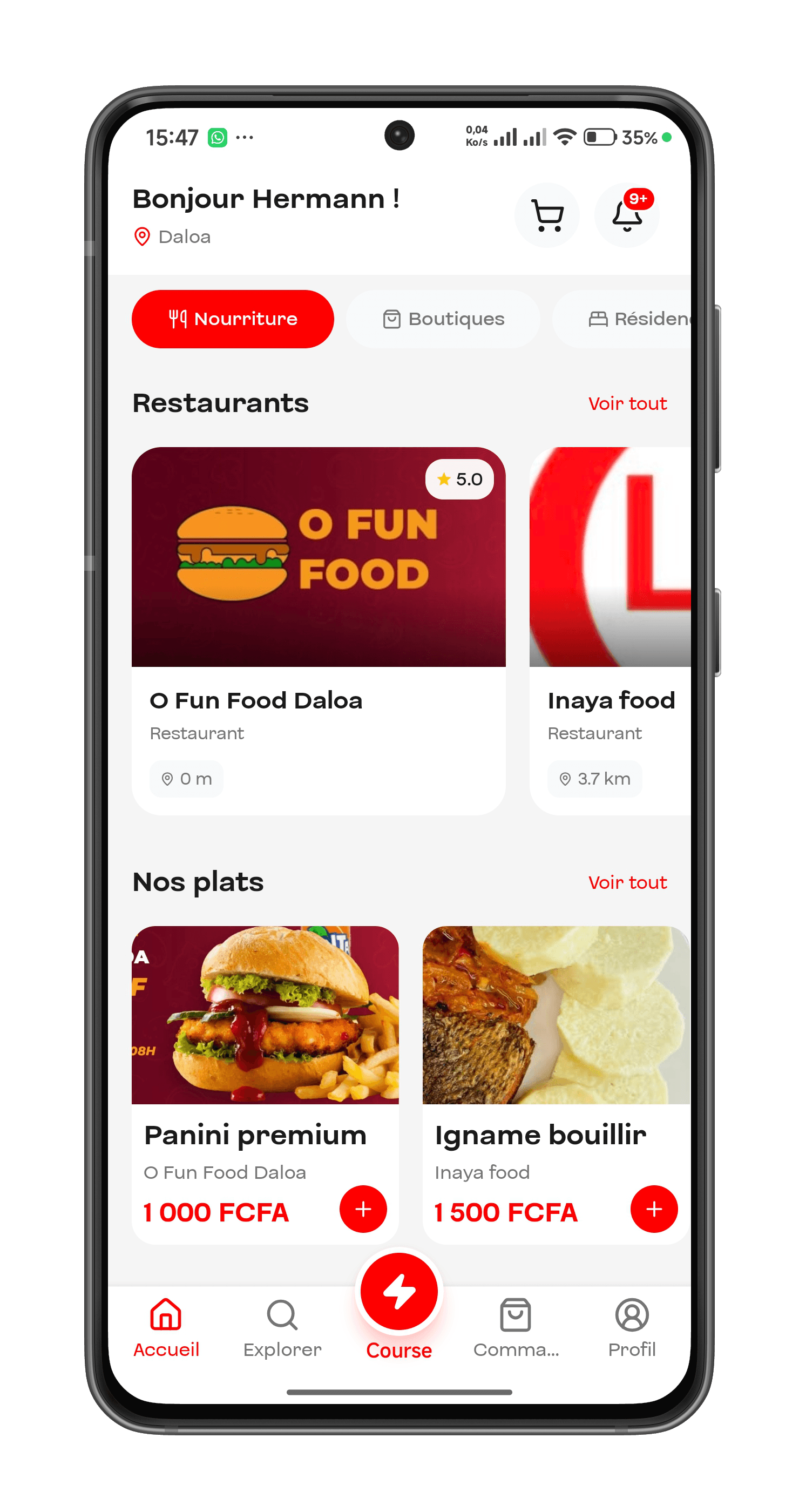 Écran d'accueil de l'application Lebayo : restaurants et plats de Daloa