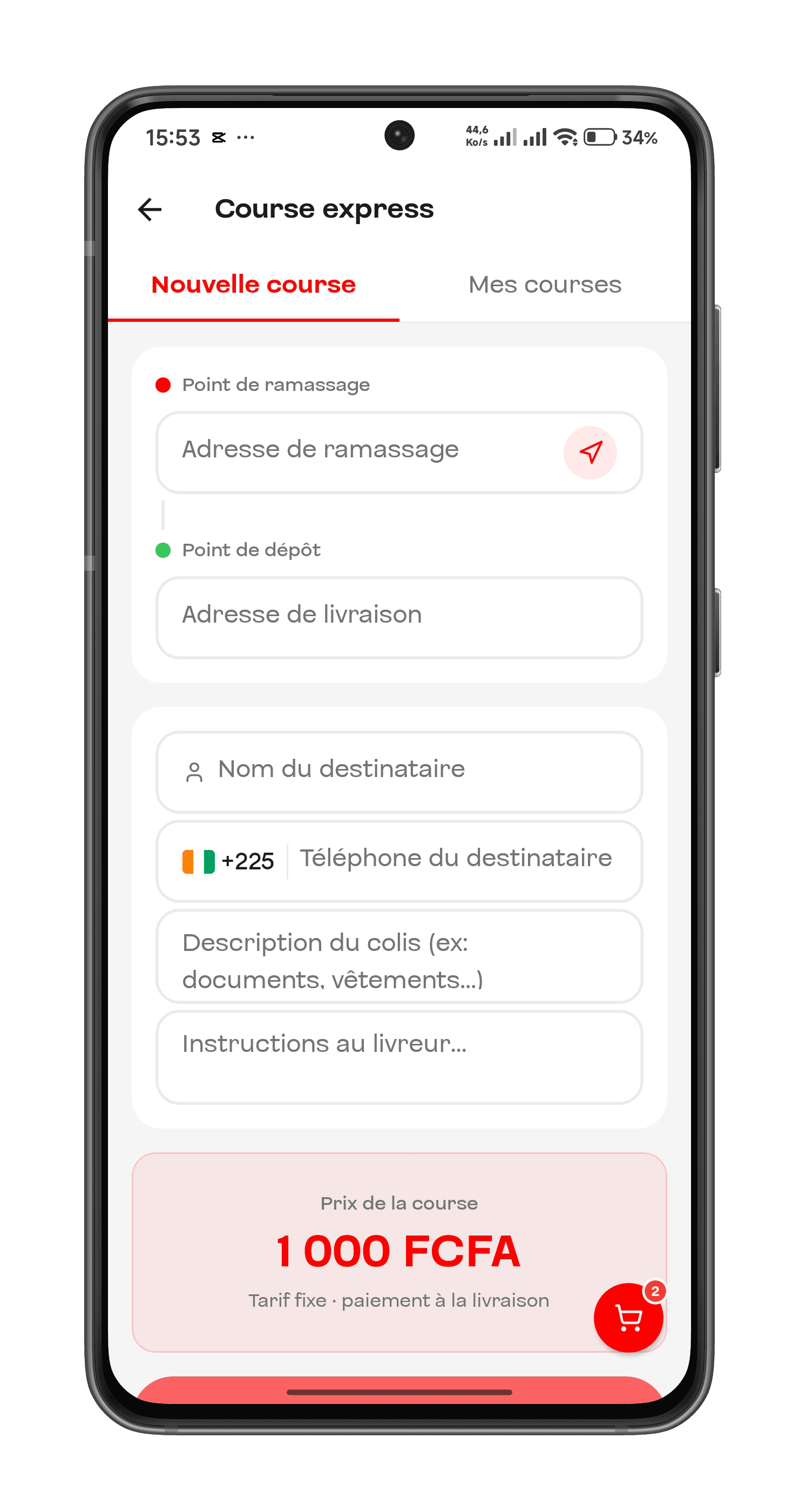 L'écran de demande de course express, points de ramassage et de dépôt