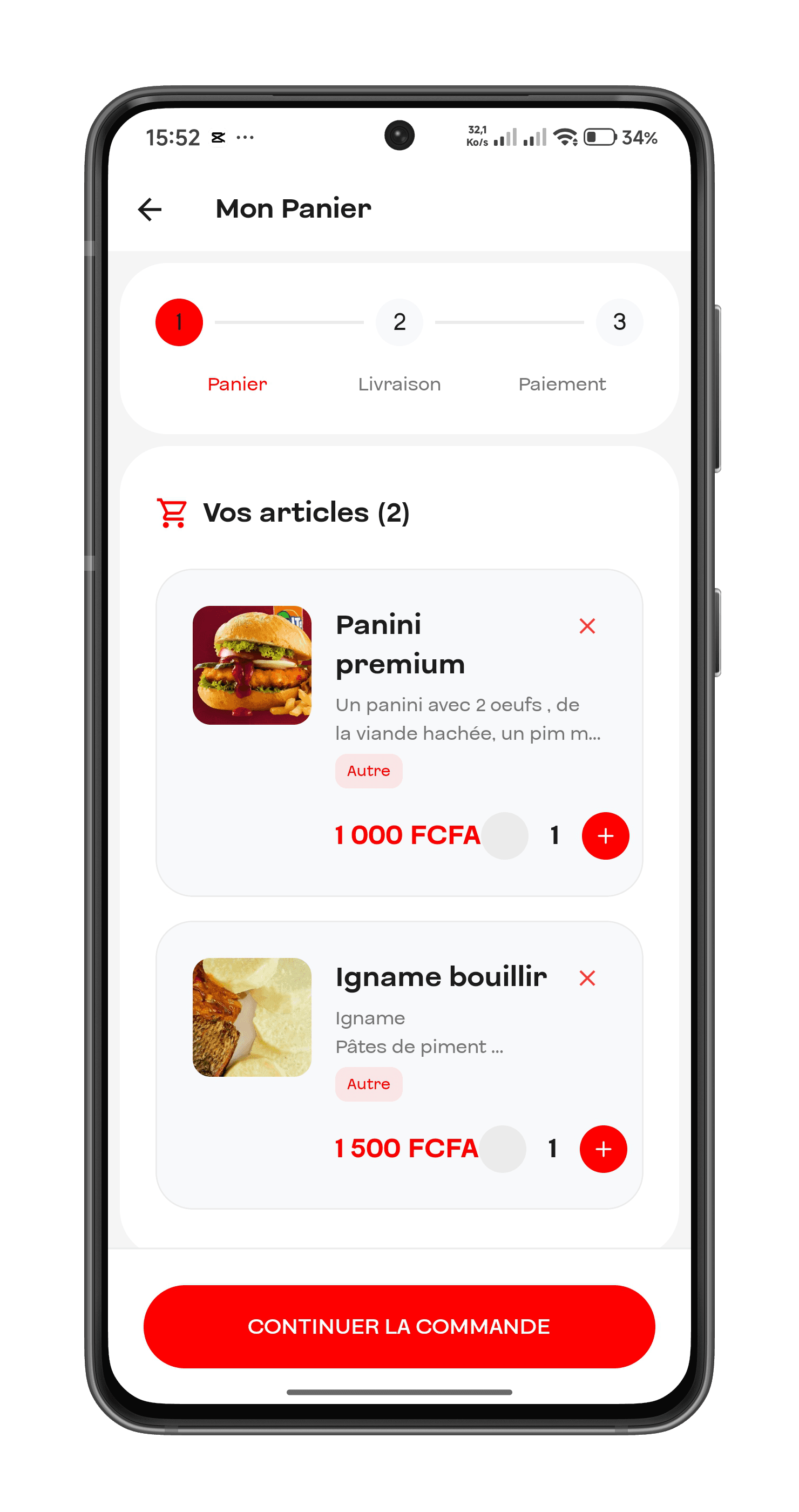 Le panier de l'application, avec les articles et le total de la commande